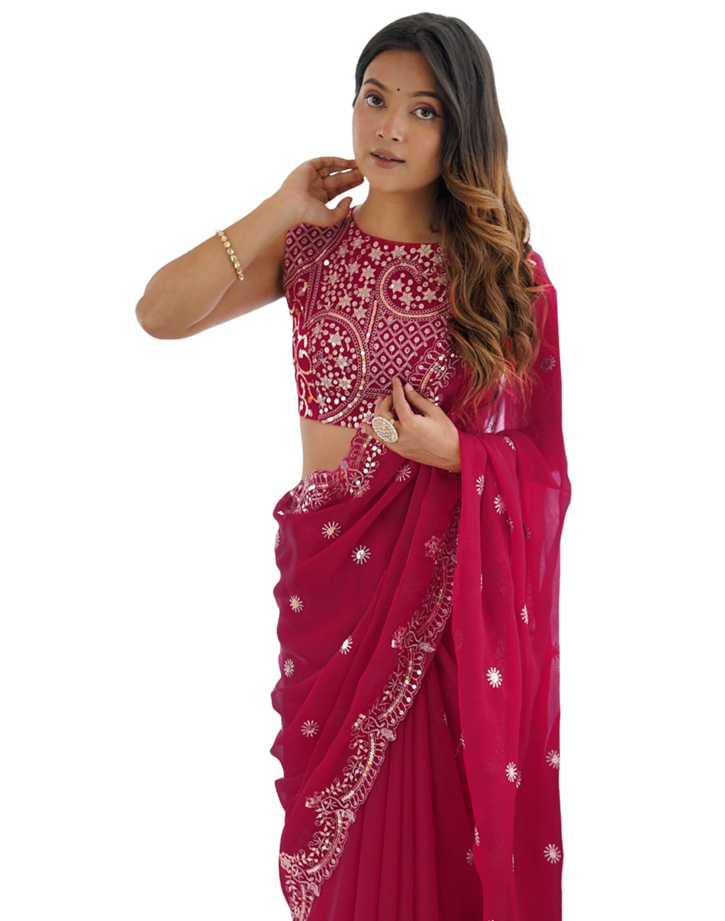 SIRIL Women's Chiffon Dual Tone Sequins Embroidery Saree with Unstitched Blouse Piece (4856S153A_Rani Pink)