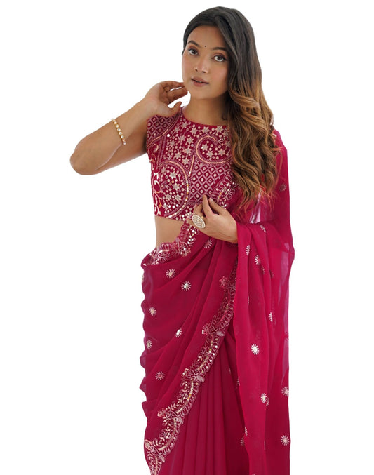 SIRIL Women's Chiffon Dual Tone Sequins Embroidery Saree with Unstitched Blouse Piece (4856S153A_Rani Pink)