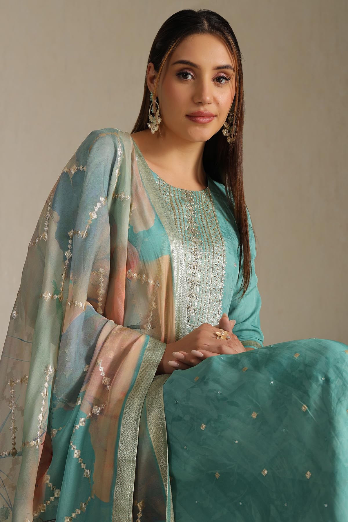 Soch Womens Organza Zari Woven Suit Set With Faux Mirror And Sequins