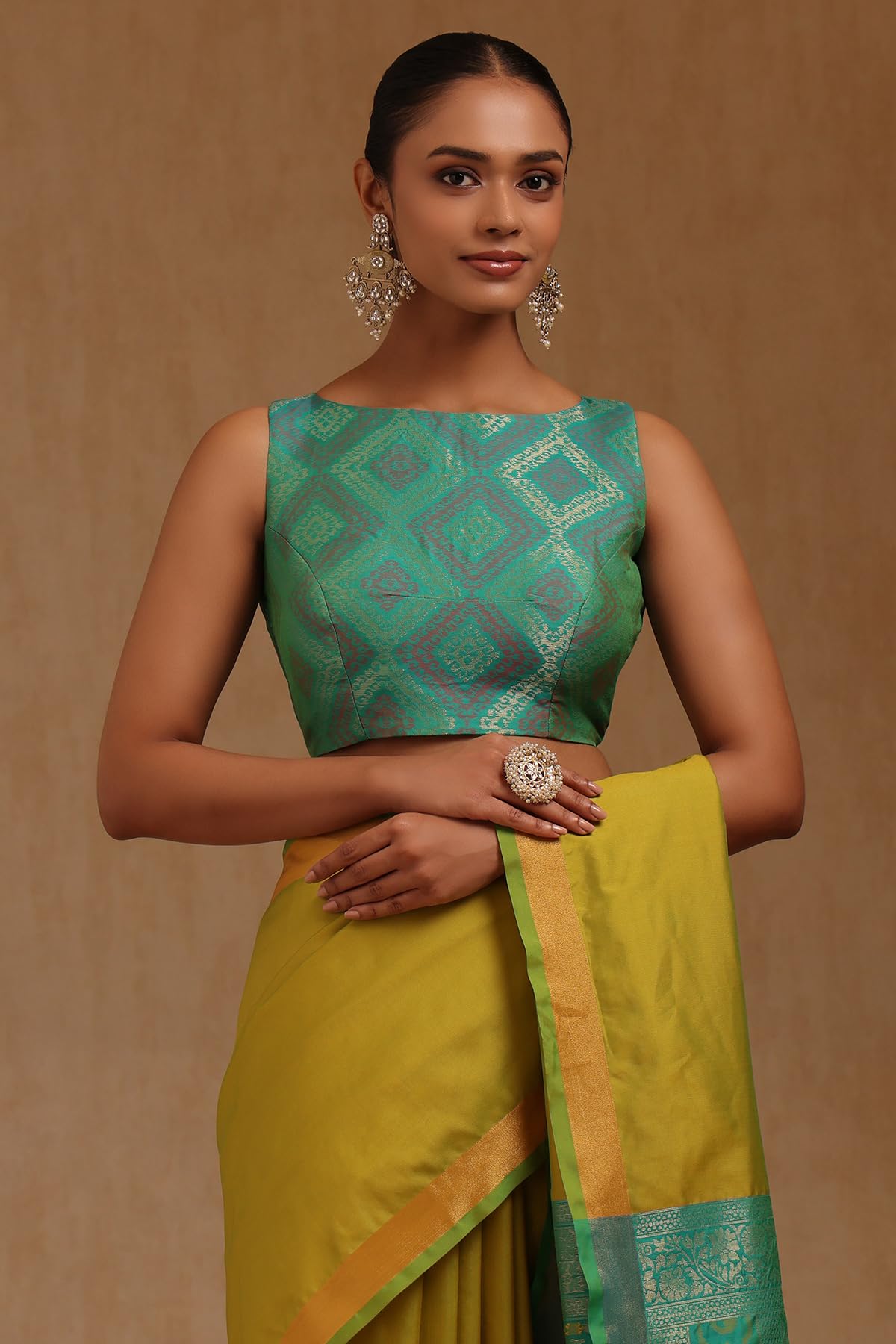 Soch Womens Light Green Silk Blend Solid Saree