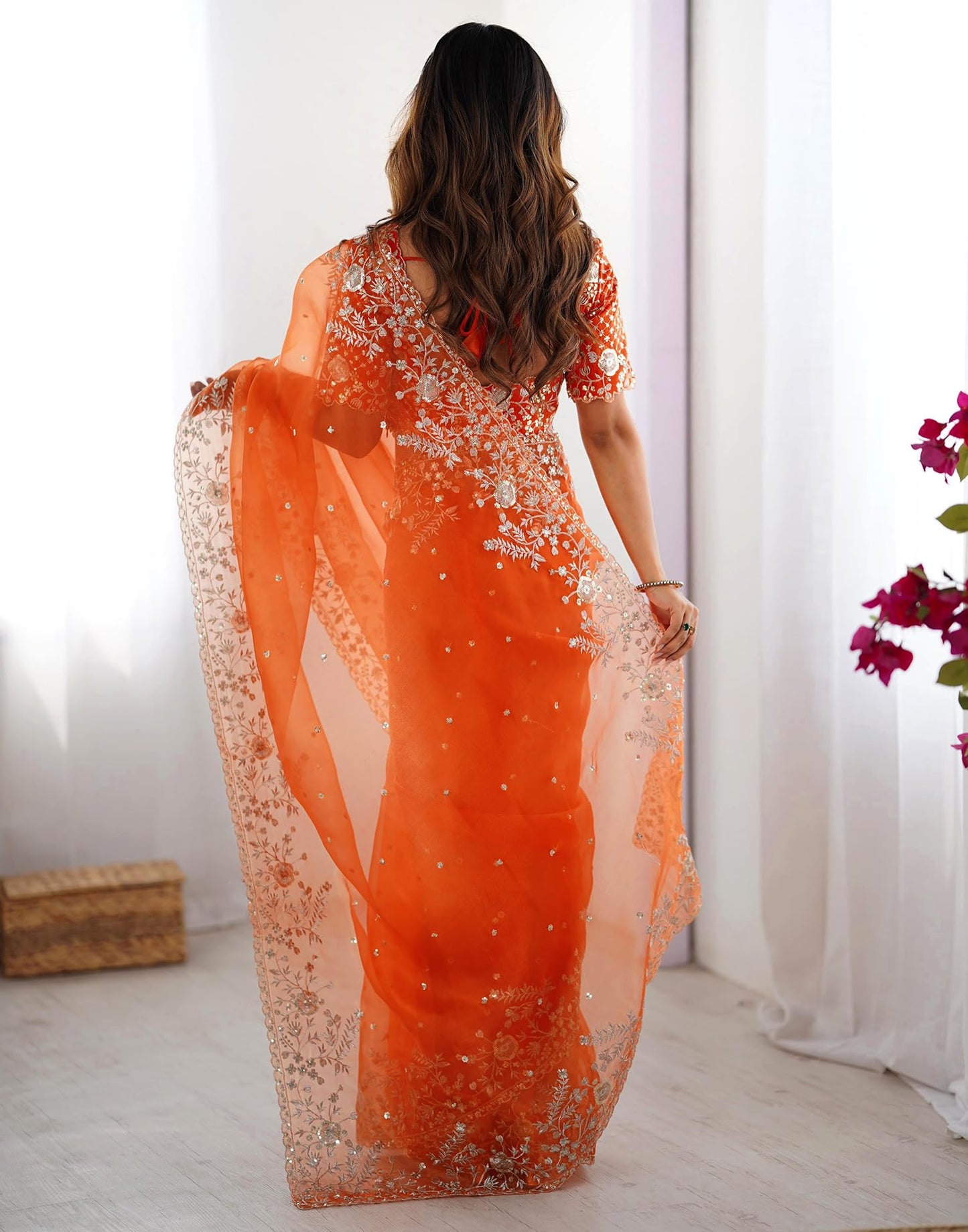 SIRIL Women's Organza Sequence Embroidery Saree With Unstitched Blouse Piece (4472S116_Orange)