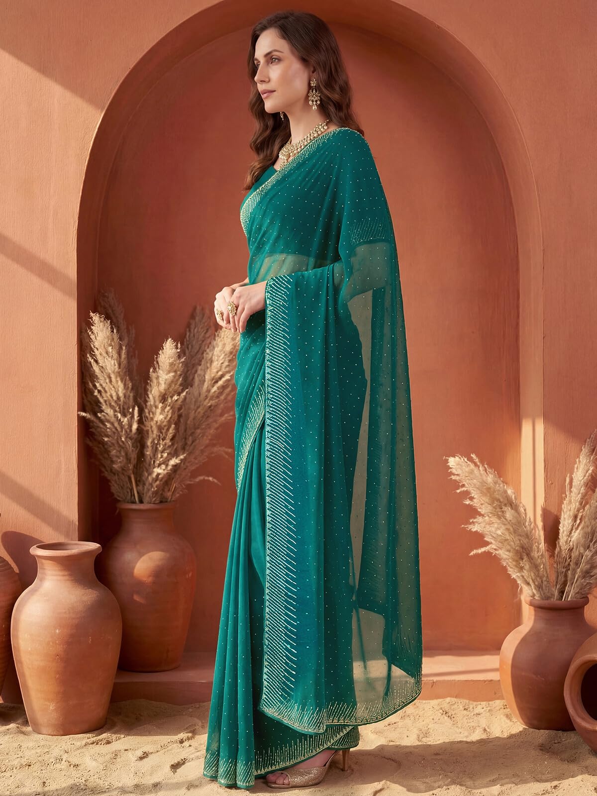 SIRIL Women's Georgette Stone Work Saree with Unstitched Blouse Piece (4998S963A_Teal Blue)