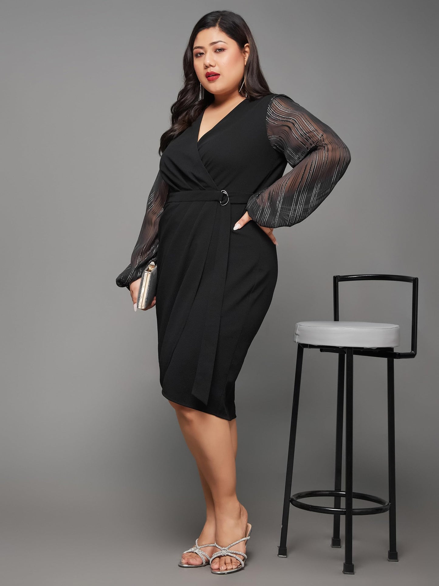 Miss Chase A+ Women's V Neck Bishop Sleeves Front Pocketed Polyester Wrap Knee-Length Dress (APSS23D16-41-62-09, Black, 4XL)