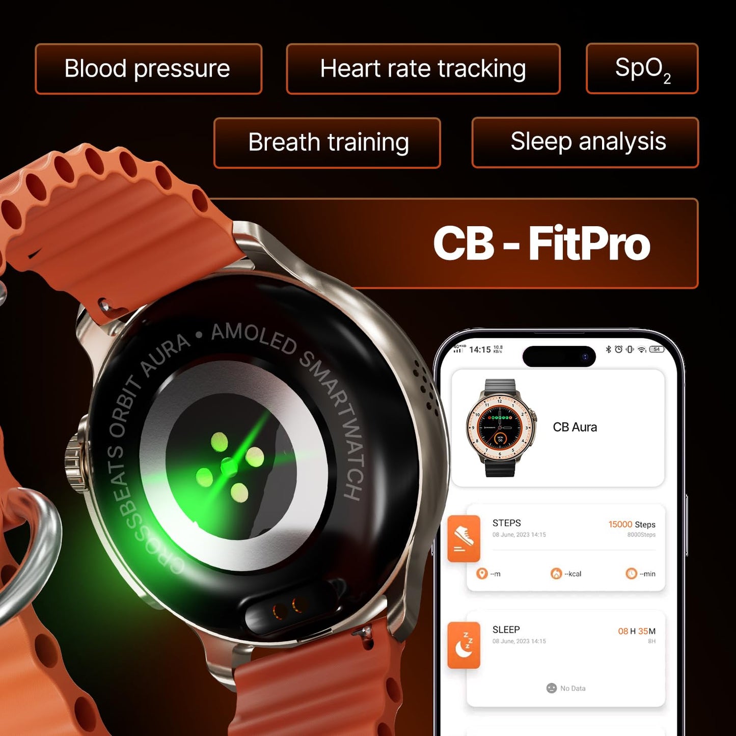 (Refurbished) CrossBeats Aura Round 1.46" Super AMOLED Smart Watch, Always On, Advanced AI ENC Bluetooth Calling, in-Built Games, Fast Charge, Rotating Crown, 123+ Sports Modes, 454 × 454 Pixel (Gold,Orange)