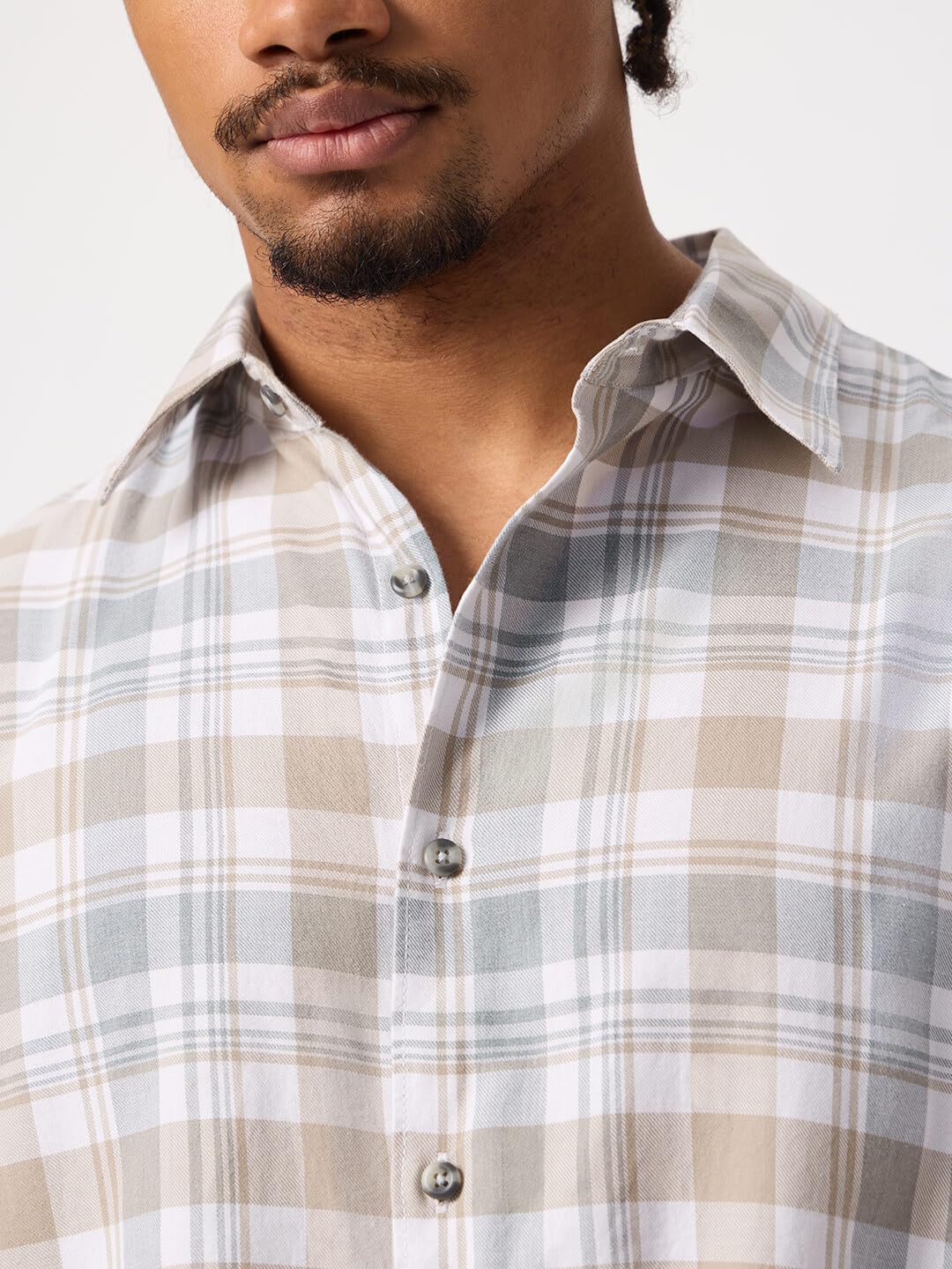 The Souled Store Plaid Shirt: Butternut Men and Boys Long Sleeve Spread Collar White and Beige Plaid Cotton Blend Lightweight Easy to Style Everyday Office Wear Casual Relaxed Shirt
