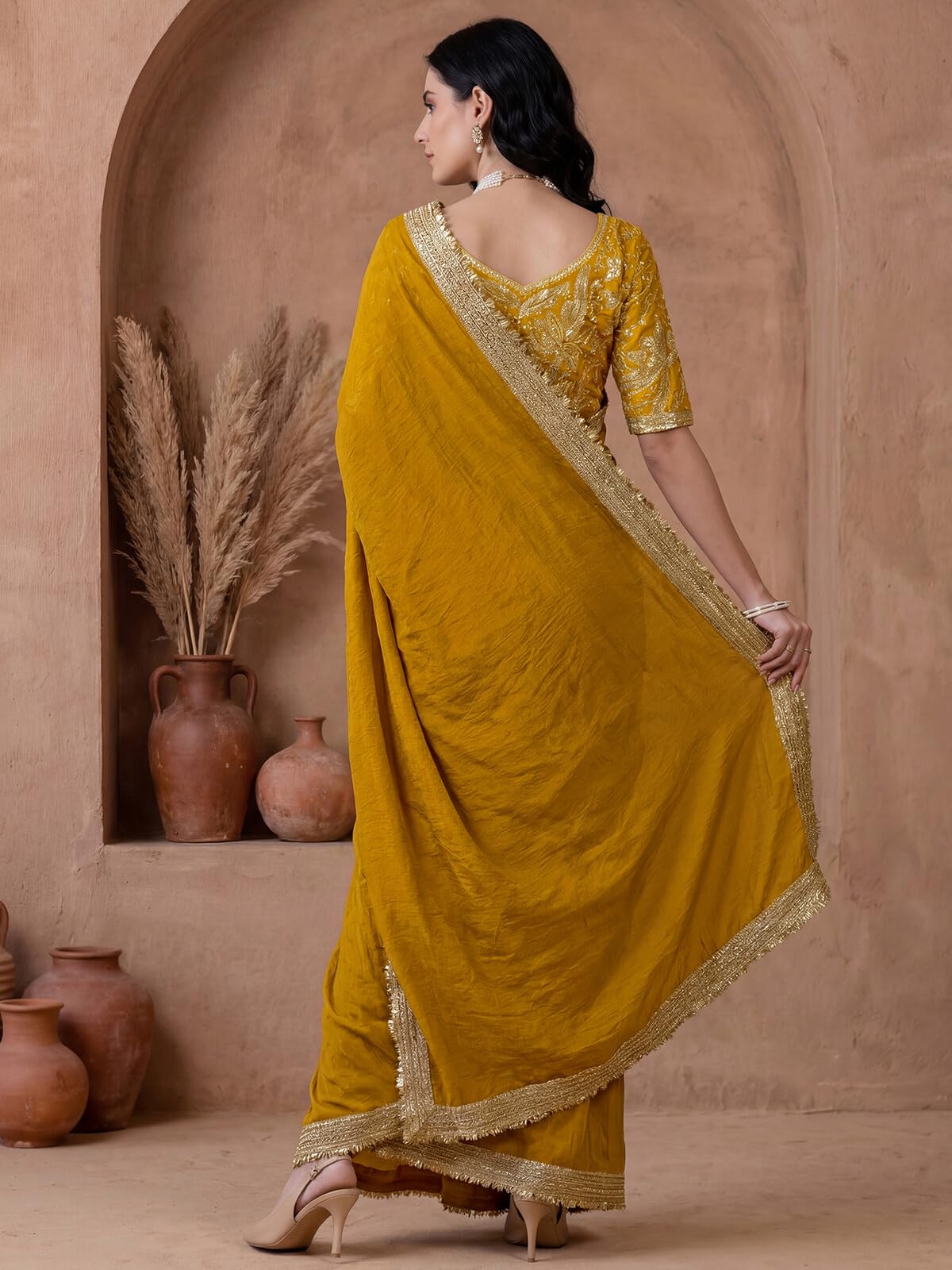 SIRIL Women's Silk Plain Saree with Unstitched Blouse Piece (5140S1092A_Mustard Yellow)