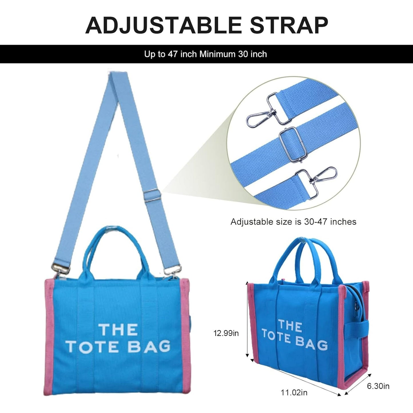 MAIRO LIFESTYLE Women Canvas The Tote Bag with Zipper Small Purse Crossbody Bag Top Handle Traveler Handbag (Blue with Pink edge)