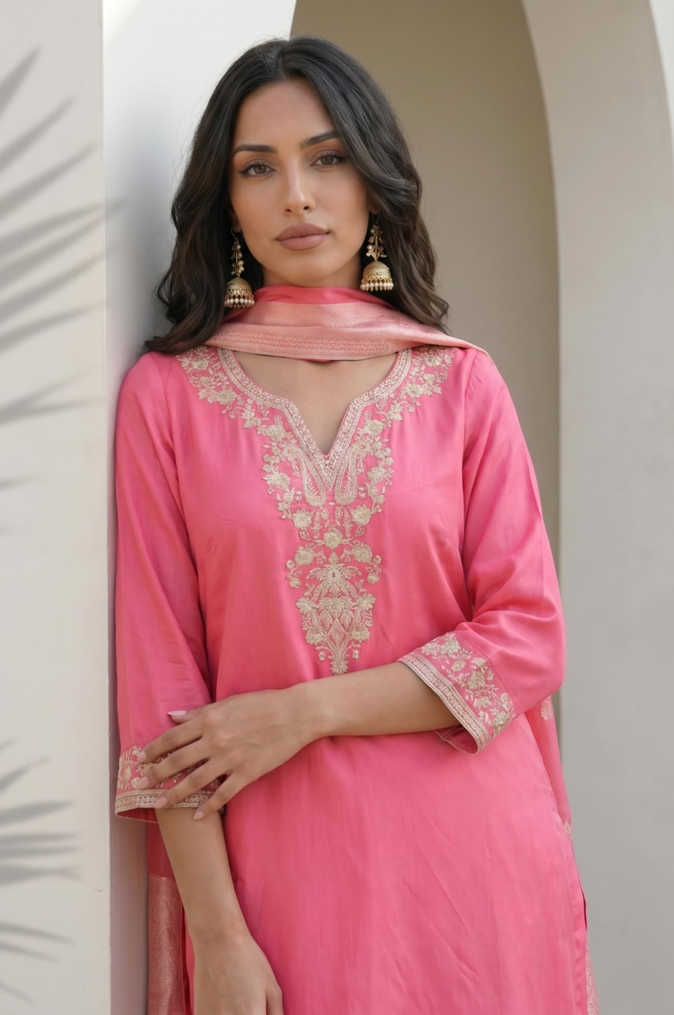 W for Woman Pink Embroidered Straight Kurta with Pants Set and jacquard Dupatta - (WS14009-225464-3XL)