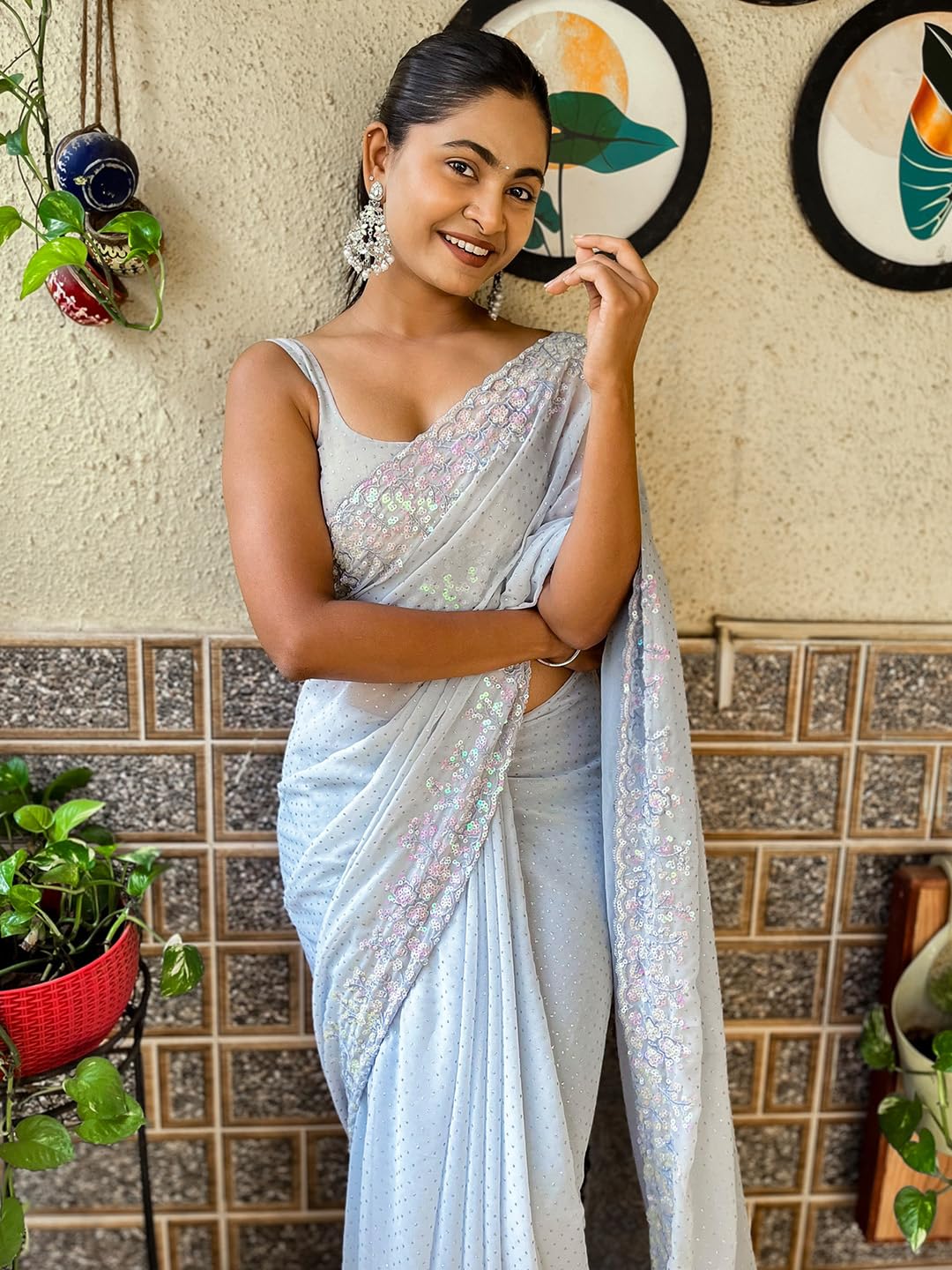 AKHILAM Women's Grey Georgette Sequins Embellished Saree with Unstitched Blouse Piece (KESARI5203_KR)