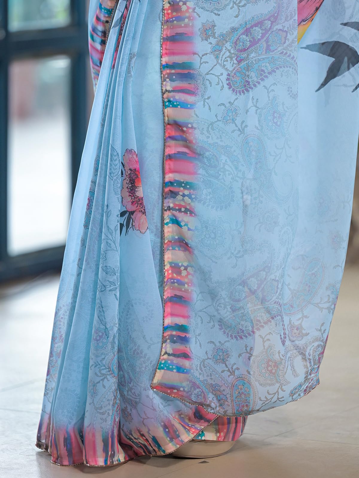 Satrani Women's Georgette Hand Work Floral Printed Saree with Unstitched Blouse Piece (4785S126N_Sky Blue)