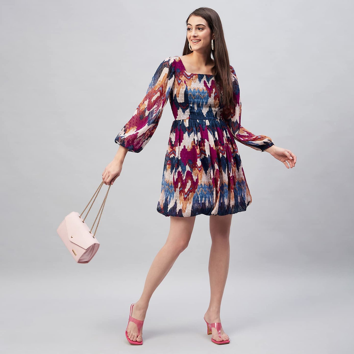 Carlton London Women's Chiffon Fit and Flare Above The Knee Dress (CL656A_Multi_XS) Multicolour