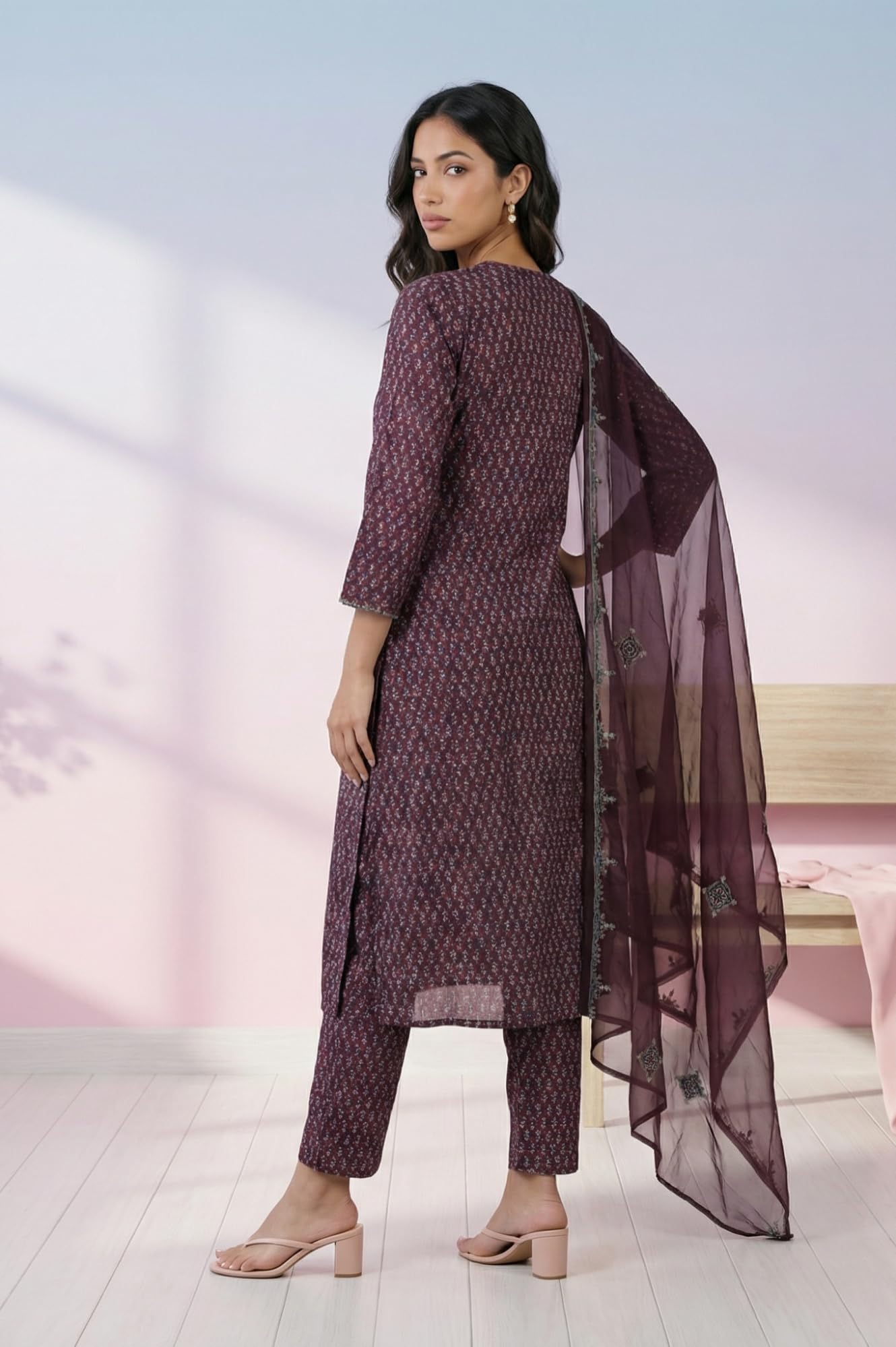 W for Woman Purple Floral Printed Embroidered Satin Straight Kurta with Pants and Dupatta Set - (WS13578-126546-XL)
