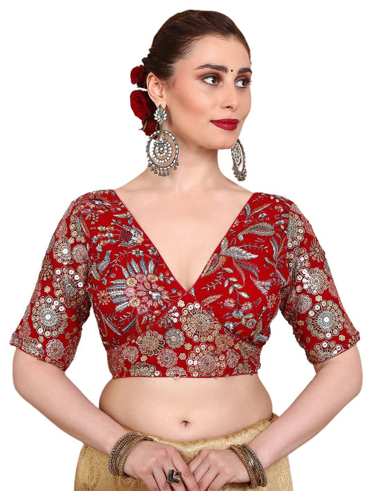S SALWAR STUDIO Red Georgette Embroidered Readymade Alterable Blouse