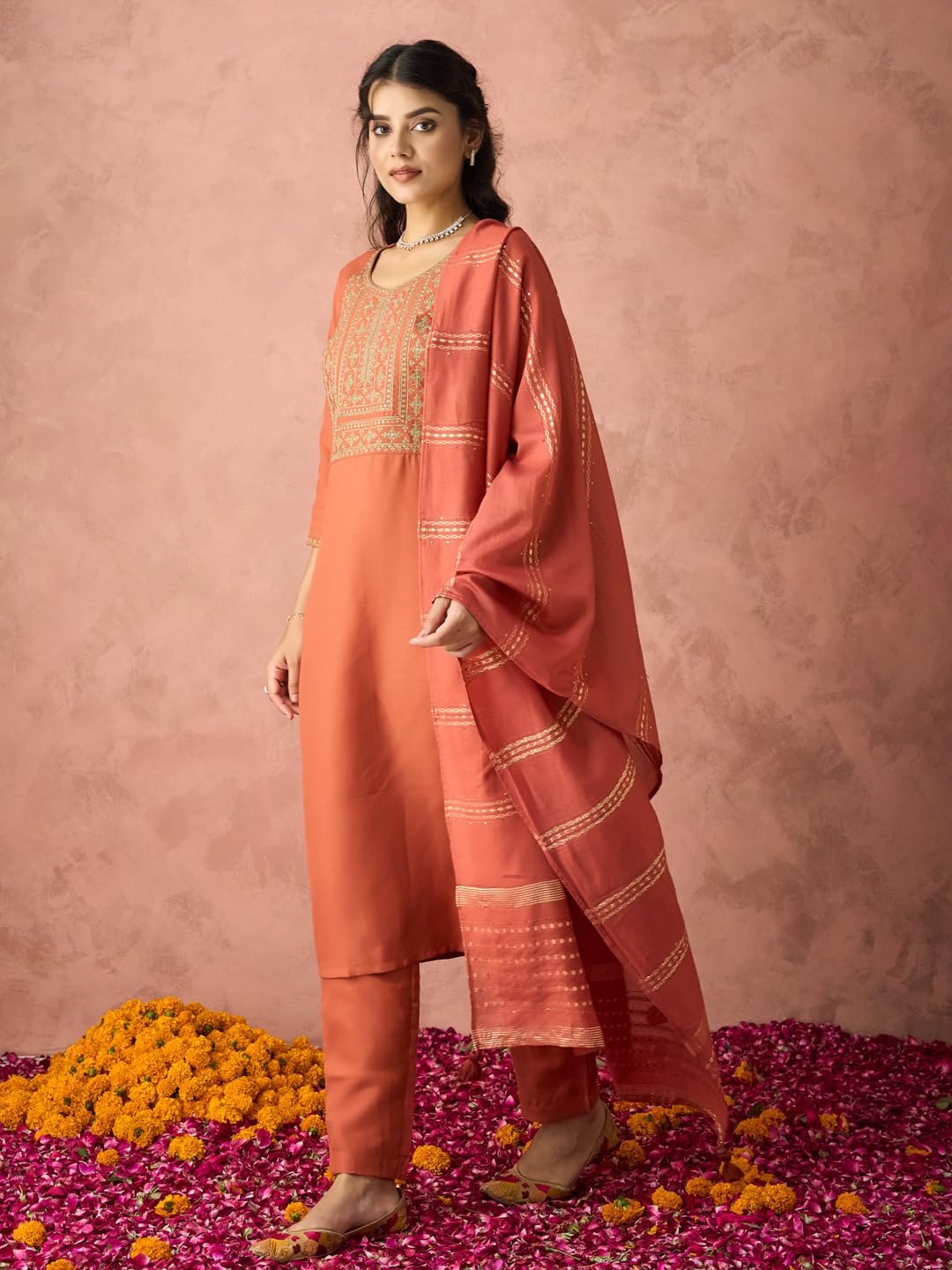 Hritika Rust Cotton Blend Embroidered Round Neck Kurta with Pant and Dupatta_HRKBD0220RUST_L