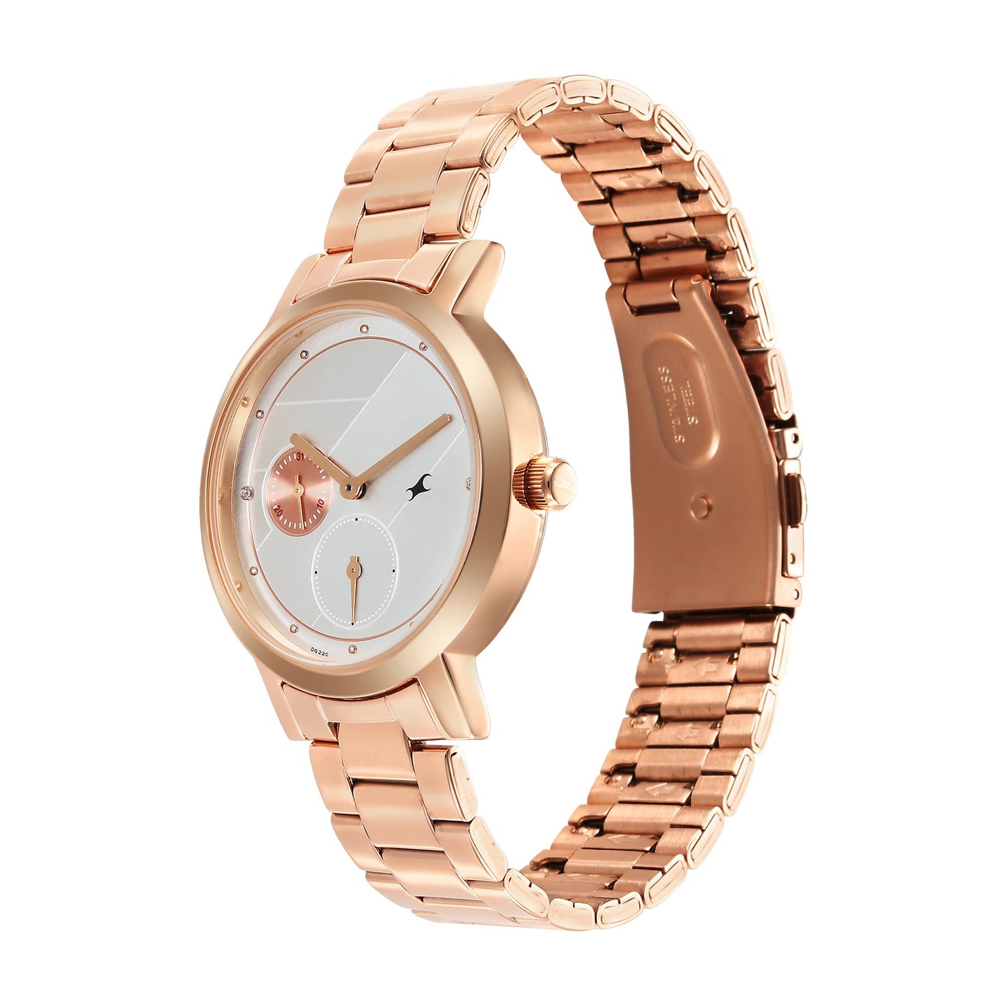 Fastrack Tick Tock Quartz Multifunction Silver Dial Rose Gold Stainless Steel Strap Watch for Girls - NT6225WM01