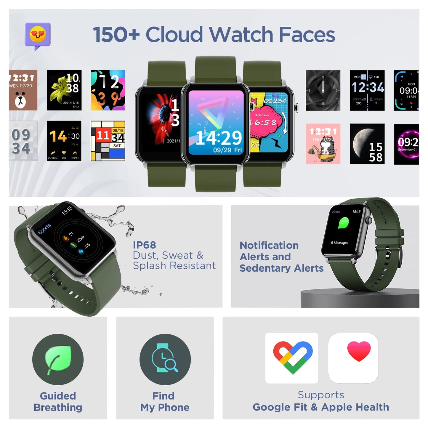 boAt Wave Call Smart Watch w/Bluetooth Calling, 1.69" (4.2 cm) HD Display w/ 550 NITS & 70% Color Gamut, 150+ Watch Faces, Multi-Sport Modes,HR,SpO2, IP68(Forest Green)