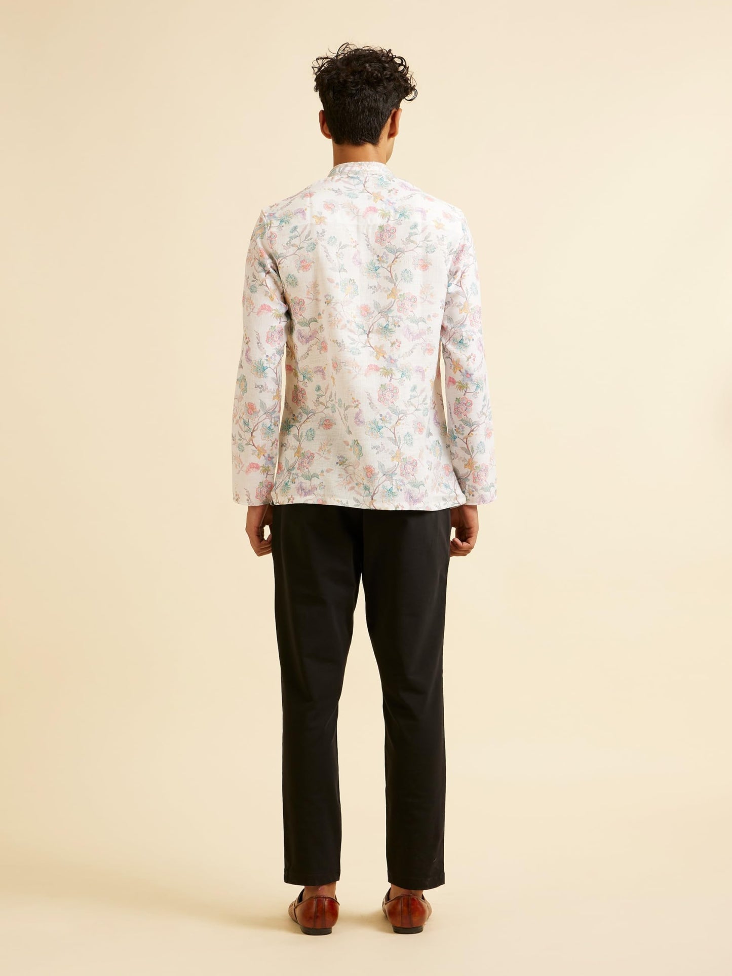 Manyavar Men's Cotton Blend Printed Short Kurta (Warm White,M)