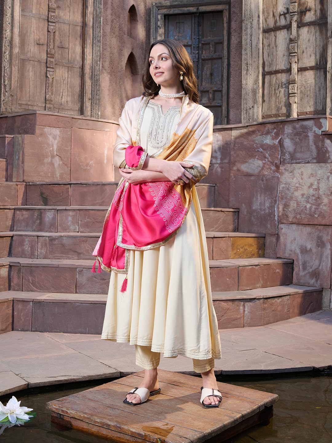 Stylum Women's Solid & Embroidered Rayon Anarkali Kurta Pant Dupatta Set