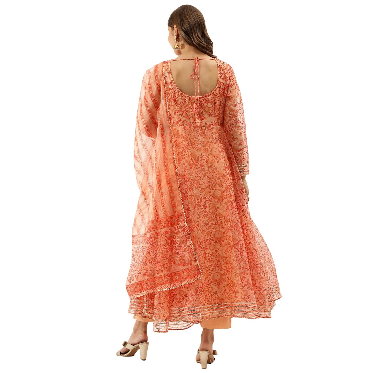 Divena Orange Floral Print Organza Anarkali Kurta set with Dupatta