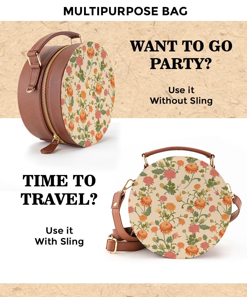 Kalankit Round Sling For Women | Girls Crossbody Bags | Side Bags With Adjustable Strap | Travel Box Sling Bags | Autumn hues