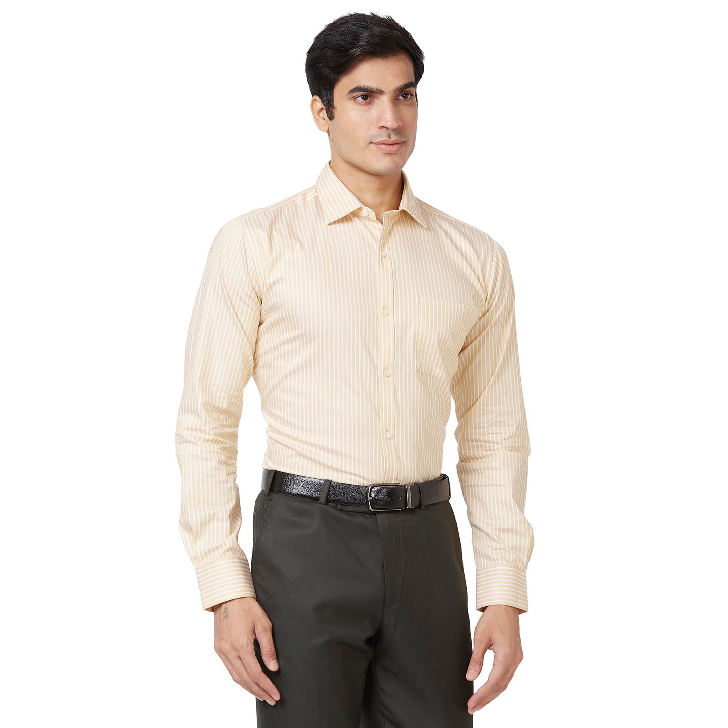 PARK AVENUE Men's Stripe Slim Fit Shirt (PMSX16166-Y3_Medium Yellow S)