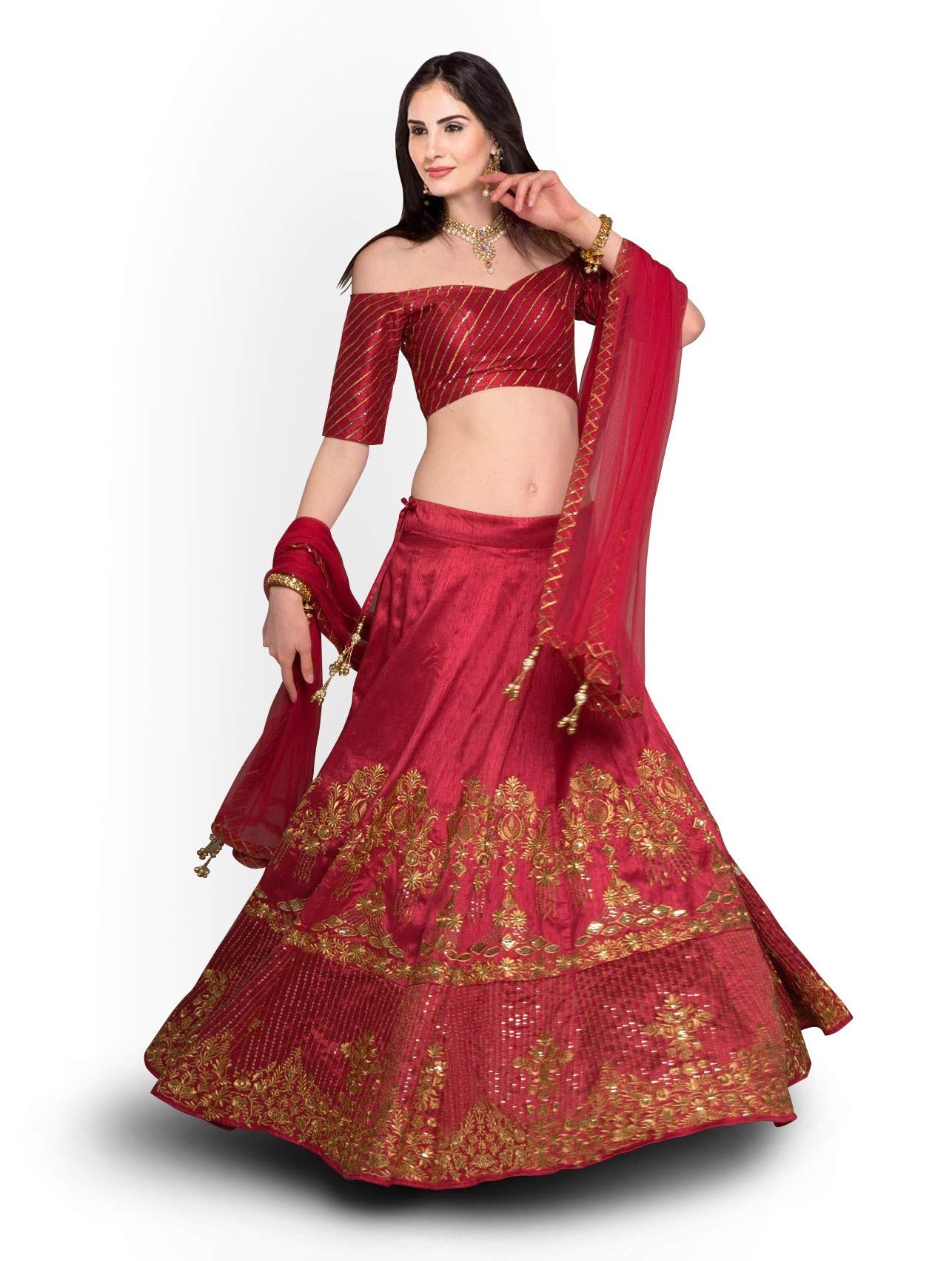 Zeel Clothing Women's Faux Silk Semi stitched Lehenga Choli (7030-Red-Wedding-Bridal-Lehenga_Red_Free Size)