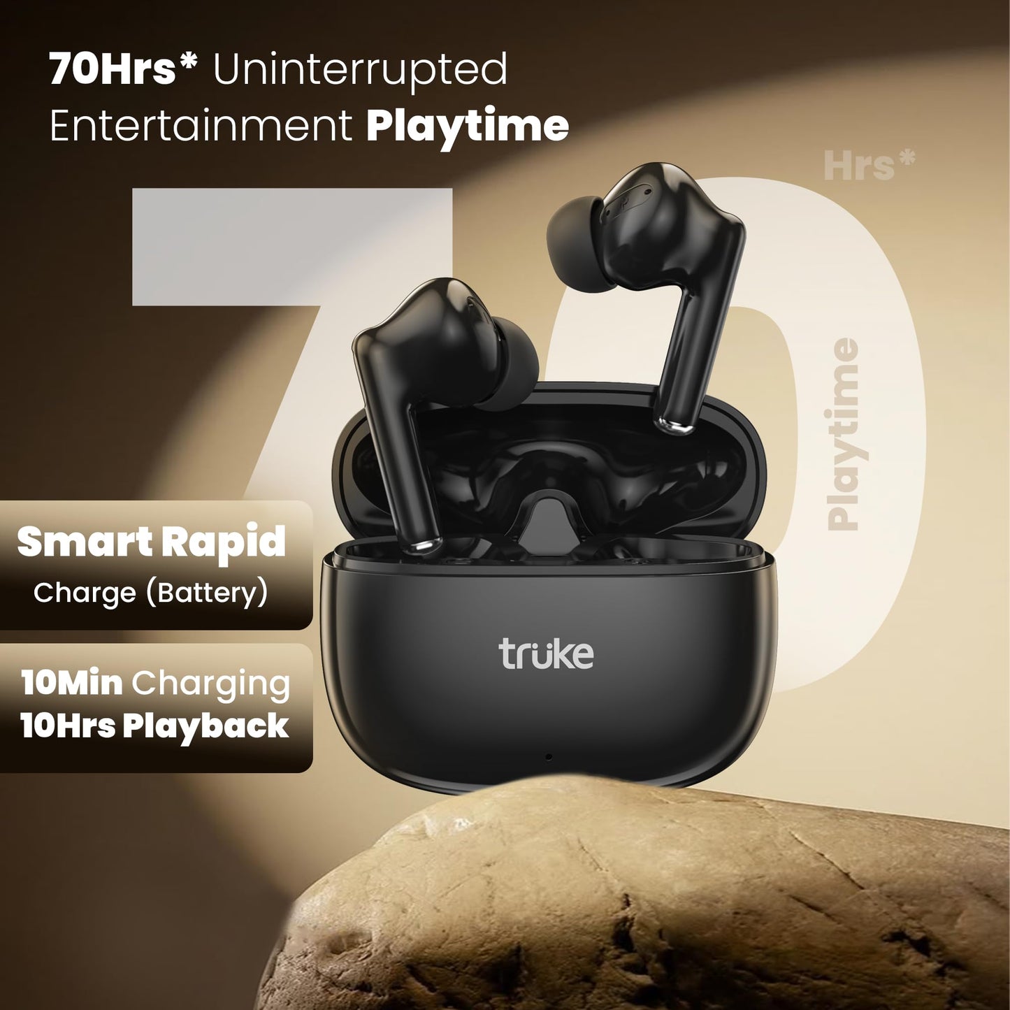 truke New Launch Buds Elite True Wireless in Ear Earbuds with 10mm Dynamic Driver, 70Hrs Battery & Fast Charging EarBuds, Dual-MIC ENC TWS, 40ms Low Latency Gaming Buds, Volume Control, BT 5.4 (Black)