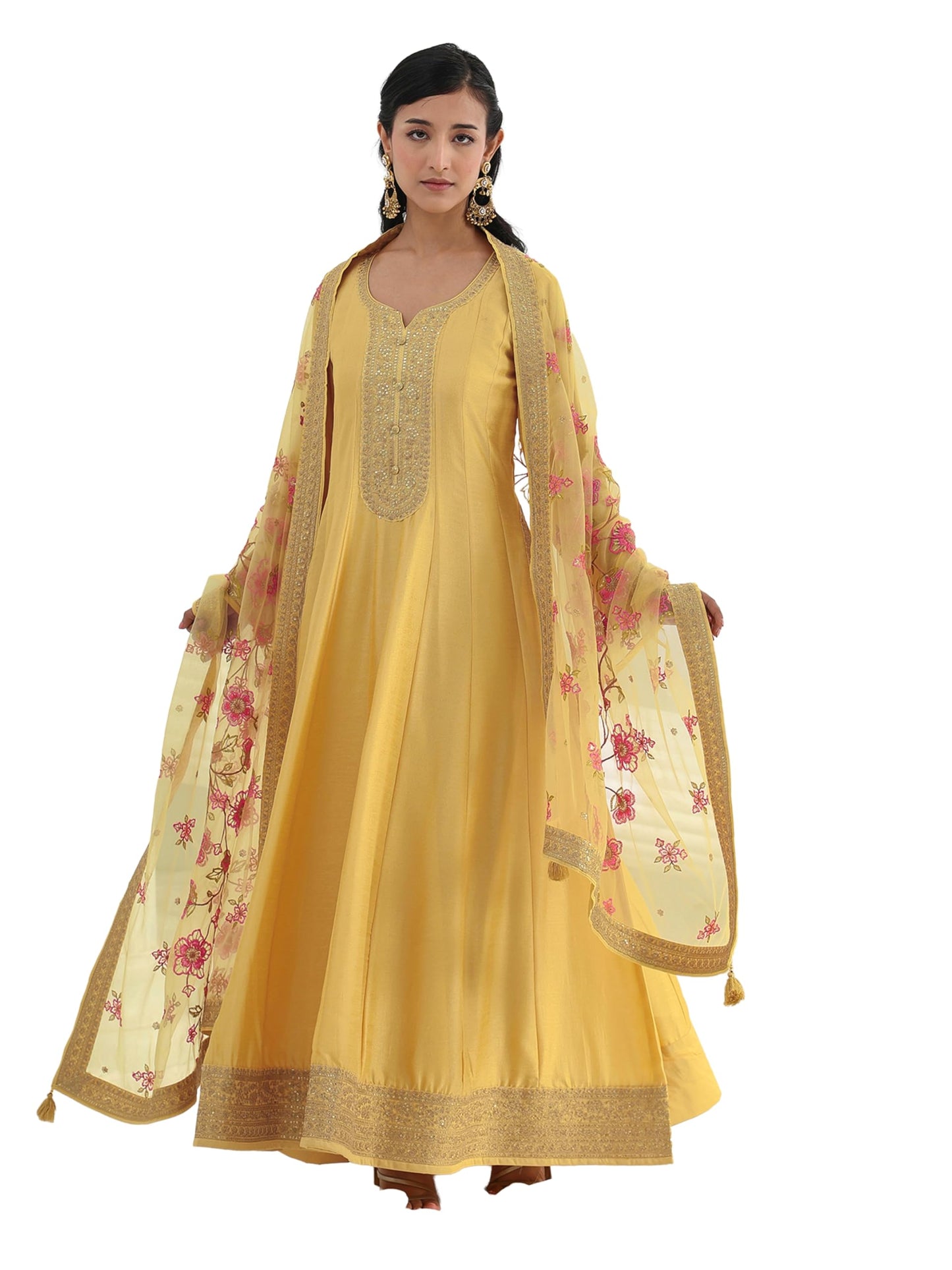 Libas Embroidered Silk Blend A-Line Ethnic Dress with Dupatta-93636M