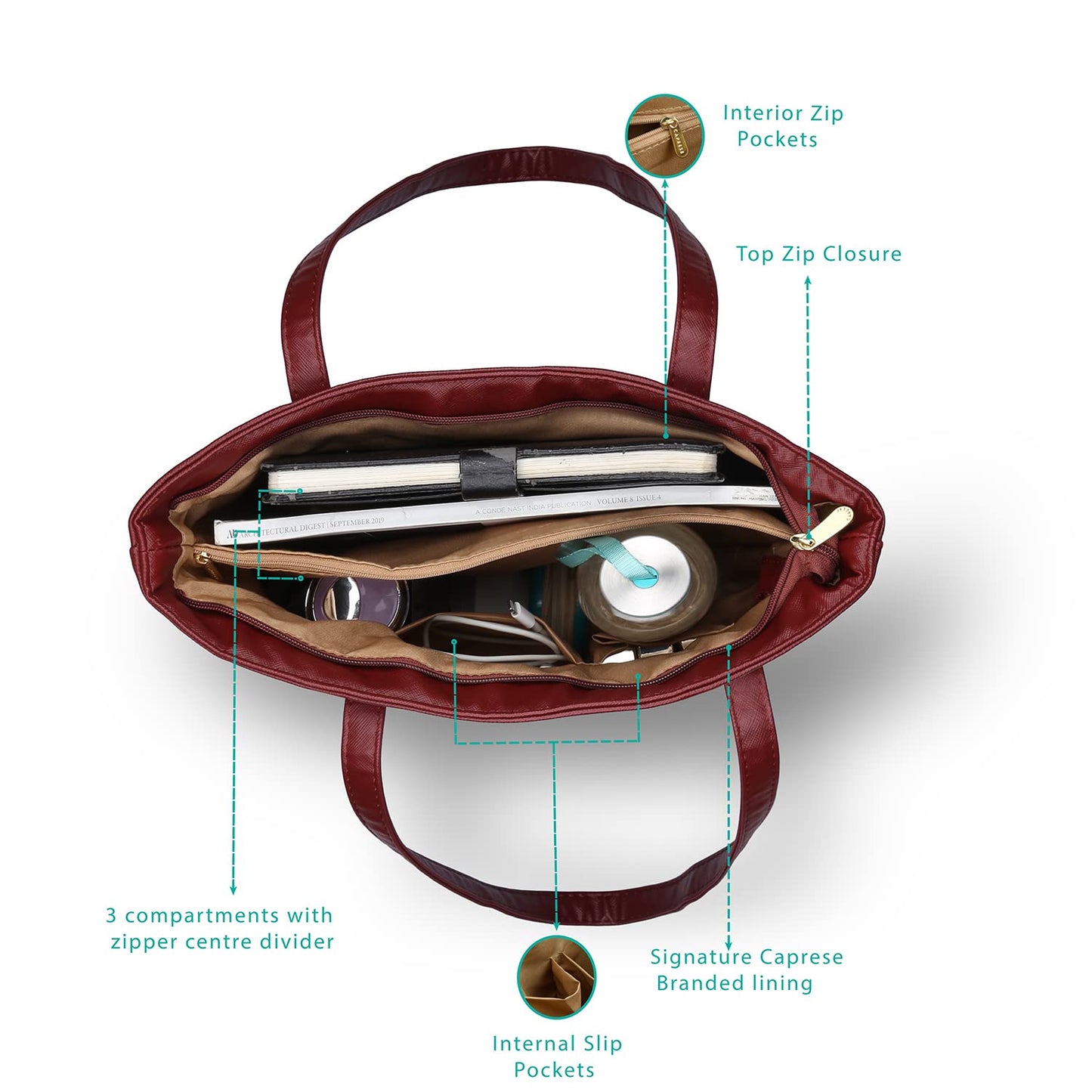 Caprese womens ALEXANDRIA T Large MAROON Tote Bag