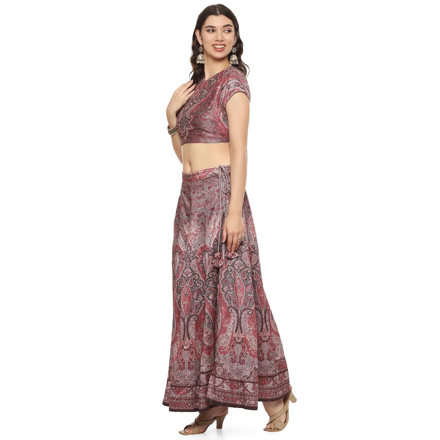 BIBA Women Printed Cotton Blend Readymade Lehenga Set (Skirt Se2190_Coffee_40)