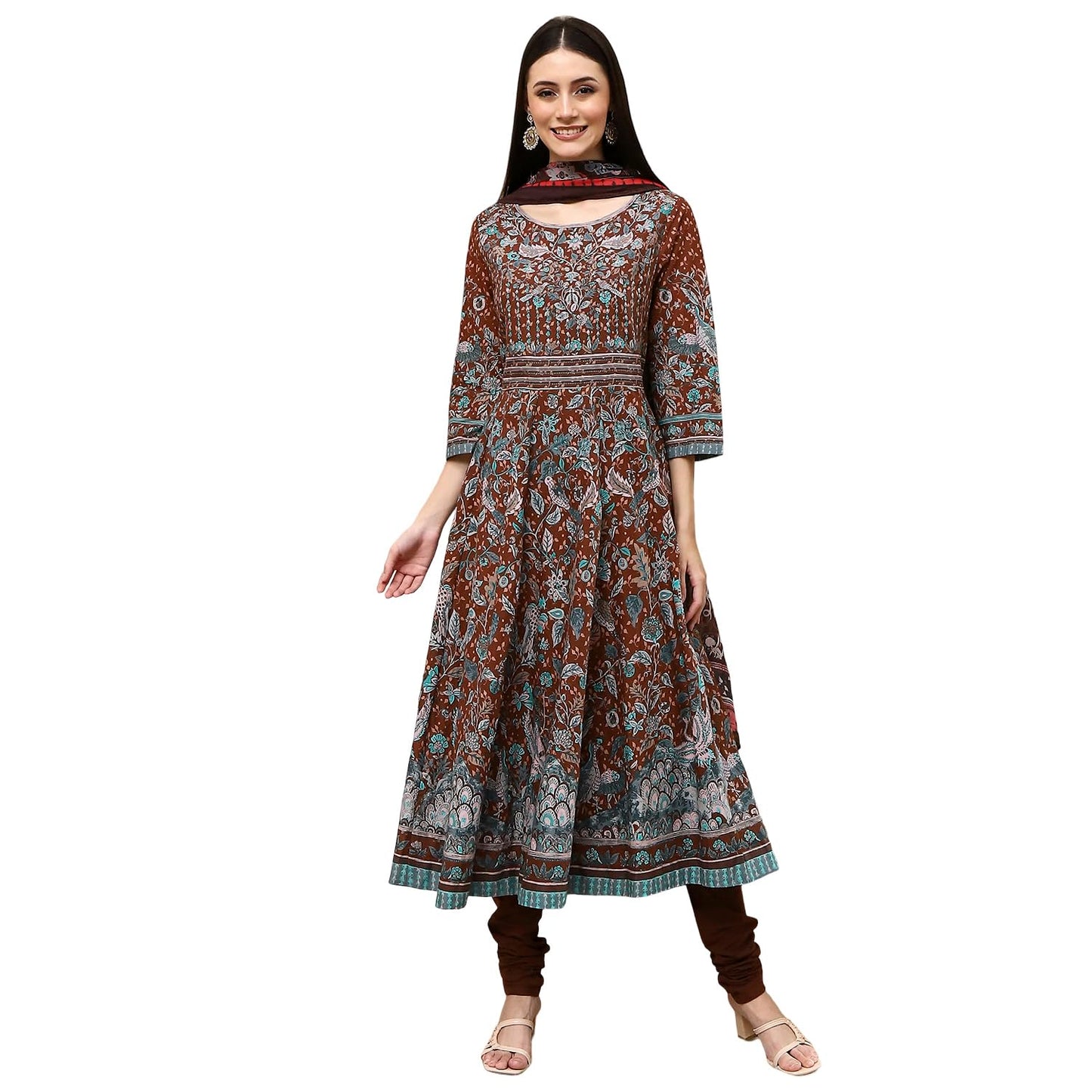 BIBA Women's 60'S Cambric Kurta Set (SKDKLMR8356ESS25BRN_Brown