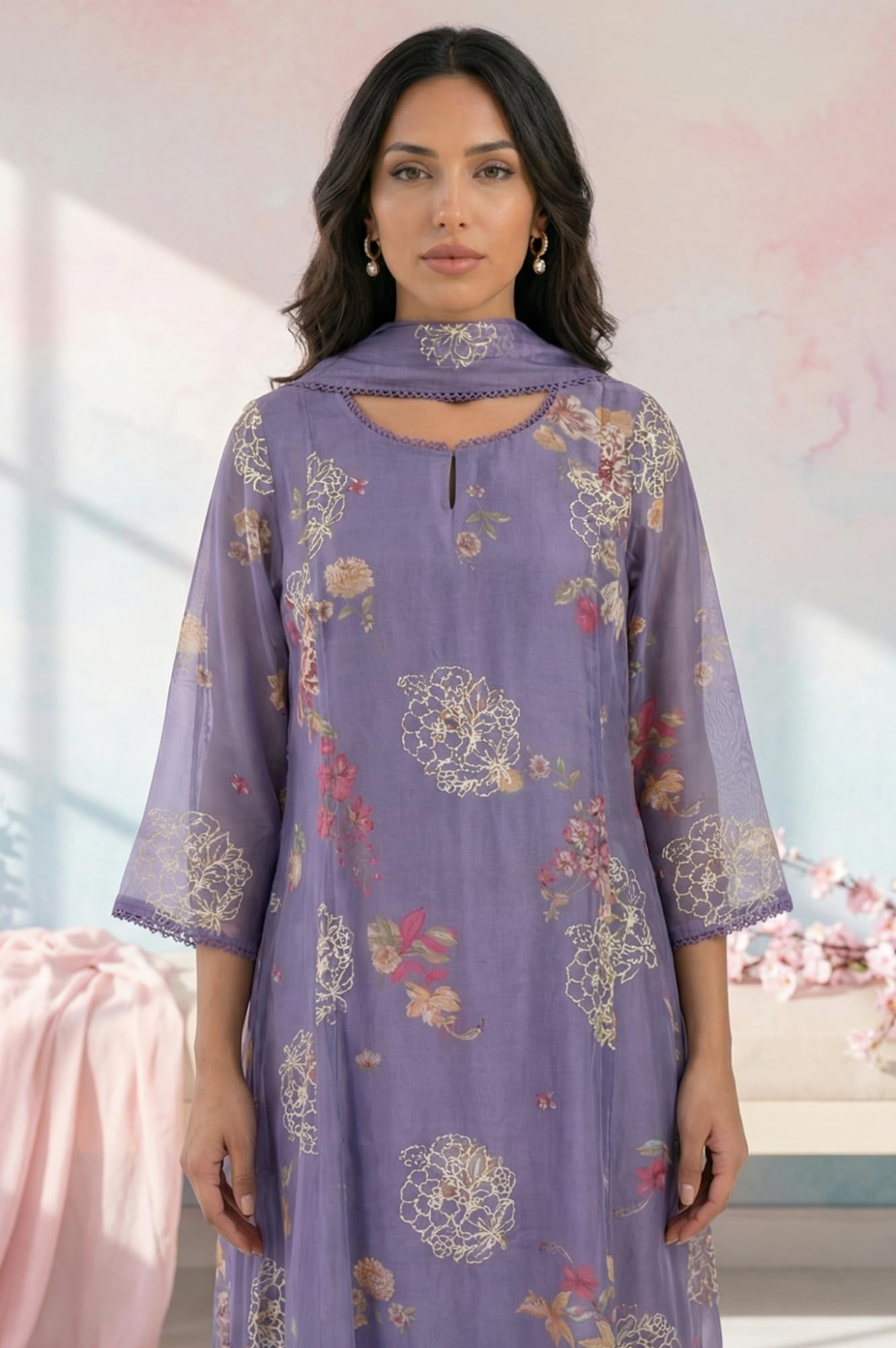 W for Woman Purple Thread Embroidered Organza Straight Kurta with Straight Pants and Dupatta Set - (WS13874-401170-3XL)