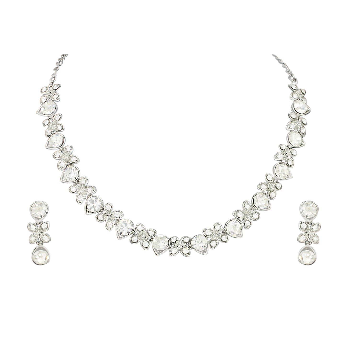 Atasi International Princess Style Silver Plated White AD Crystals/Stones Necklace with Earrings Jewellery Set for Women/Girls - Wedding Jewelry/Party & Festival Accessories