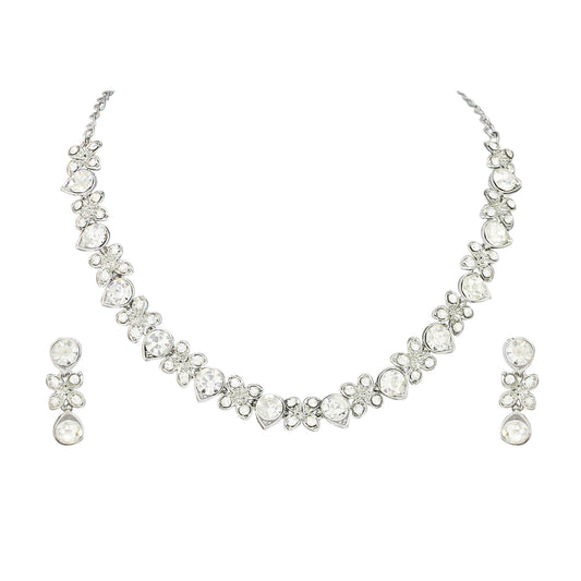 Atasi International Princess Style Silver Plated White AD Crystals/Stones Necklace with Earrings Jewellery Set for Women/Girls - Wedding Jewelry/Party & Festival Accessories