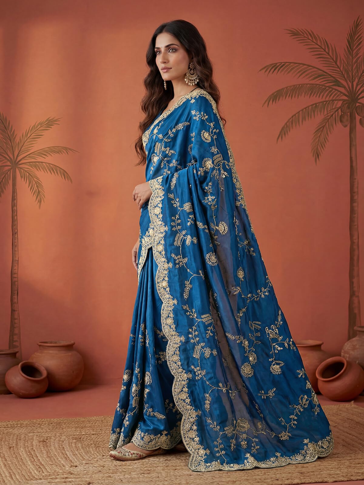 SIRIL Women's Satin Scalloped Border Embellished Sequins Embroidery Saree with Unstitched Blouse Piece (4858S171A_Teal Blue)