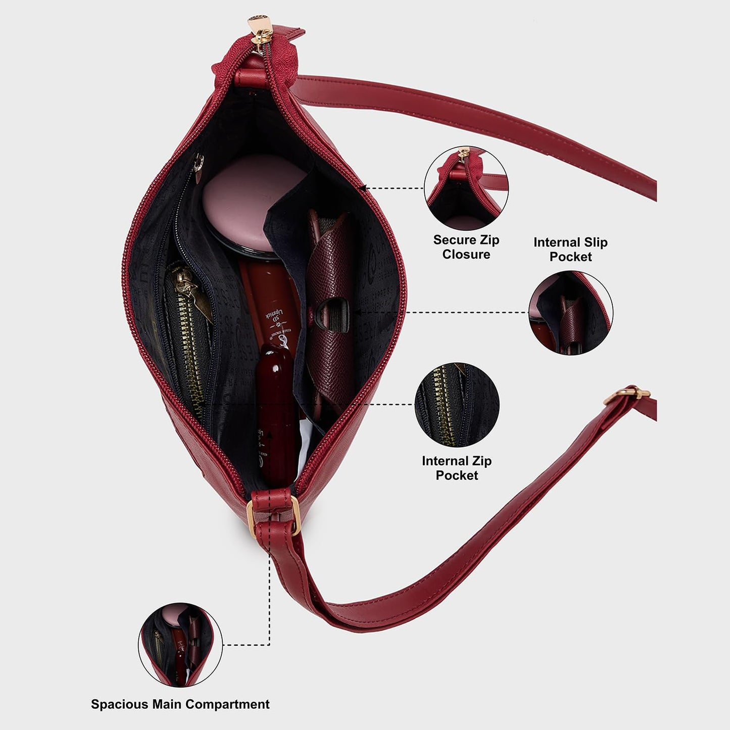 Caprese Rohde Sling Small Maroon Bag for Women|Adjustable Strap for Comfortable Wear|Stylish,Versatile Crossbody Bag for Everyday Use, Travel, and Special Occasions