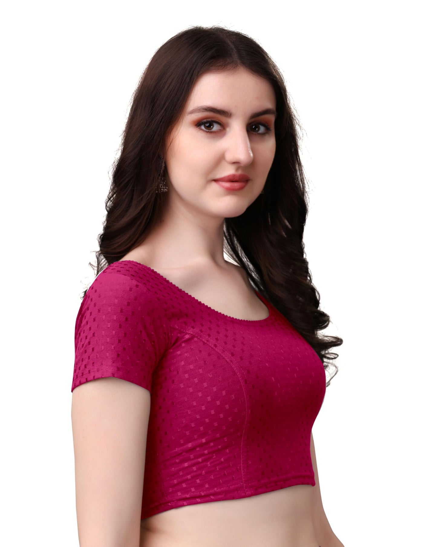 Mogsa Stylish Cotton Saree Blouse for Women | Soft Dobby Stretch Fabric | Round Neck | Stitched Blouse for Party, Casual & Festive Use (Pink, 34)