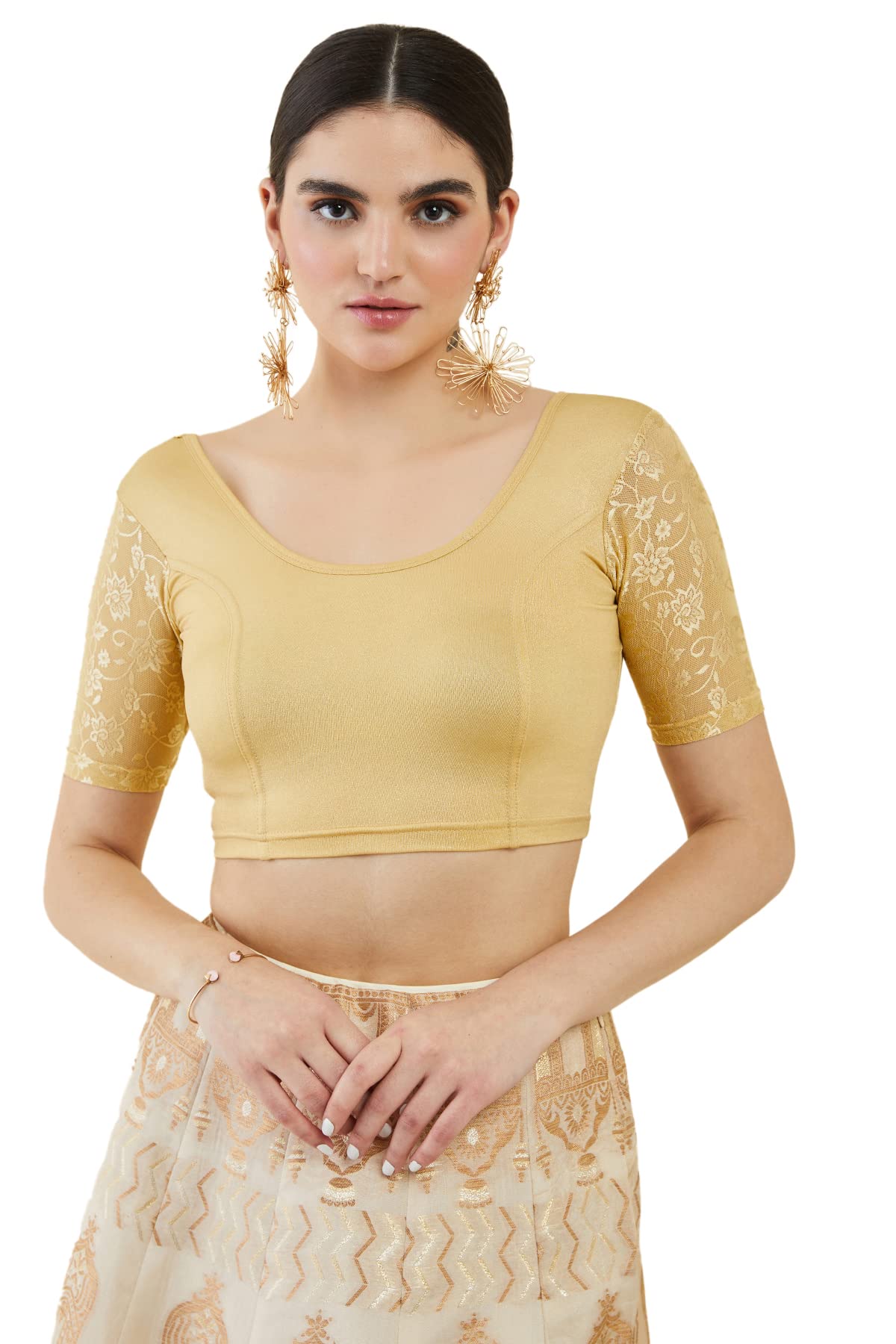 Soch Gold Spandex Princess Cut Blouse with Floral Sleeves