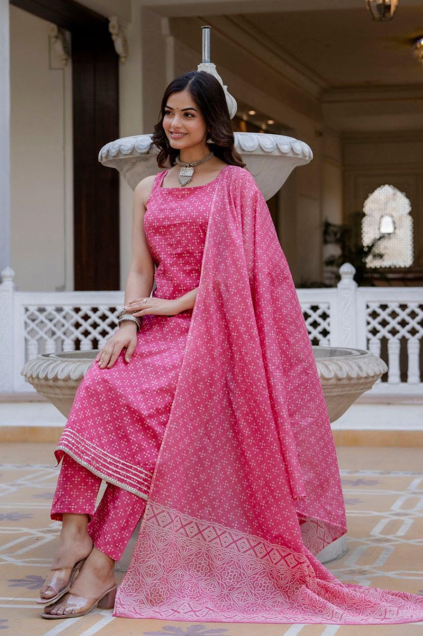 Modestouze Attires Women's Rayon Blend Floral Printed Salwar Suit Set | V Neck 3/4 Sleeve Calf Length Kurta and Dupatta with Print Pant | MAD-K166-PINK-M