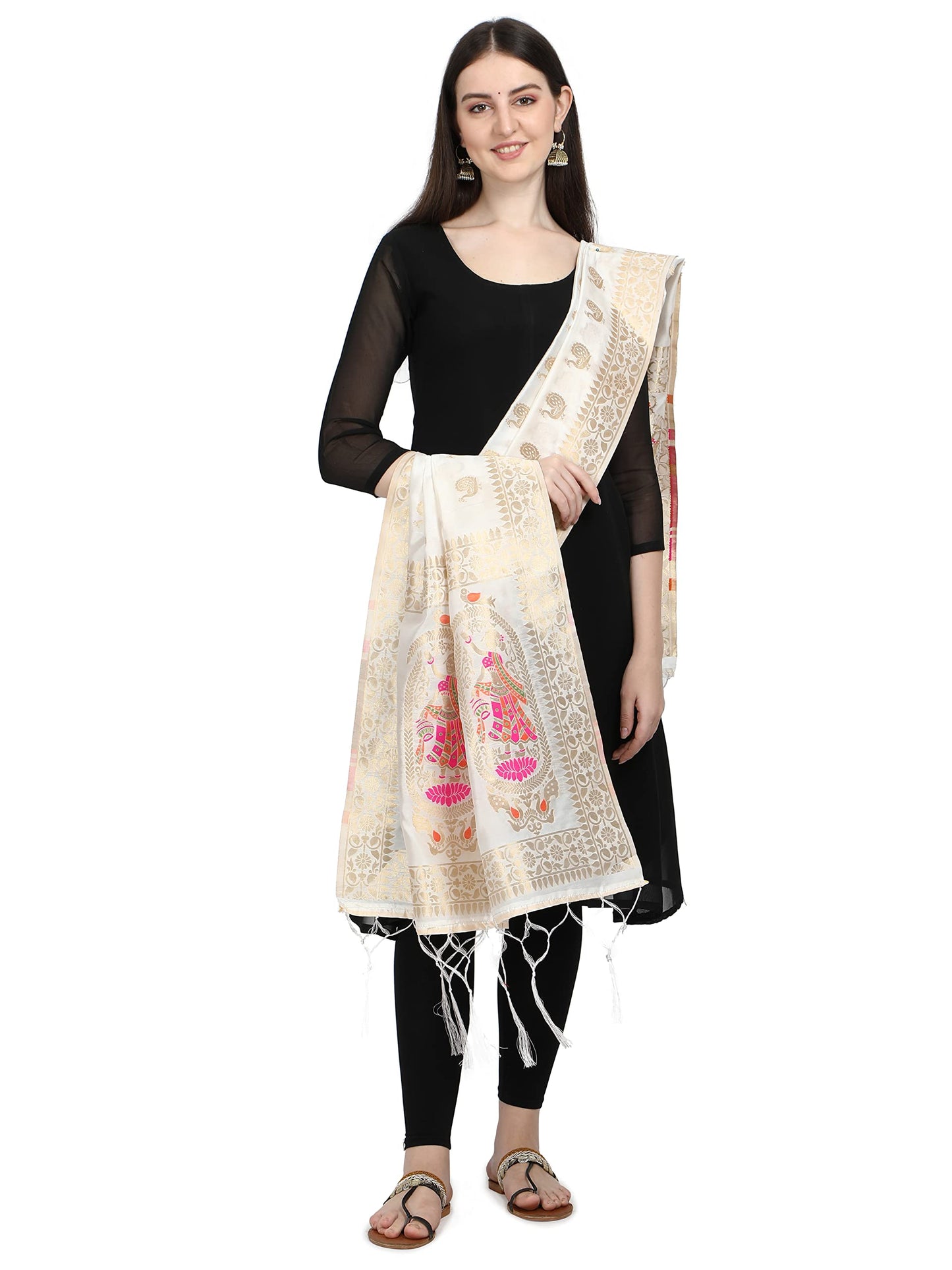 DEVANGI Women's Woven Banarasi Silk Zari Dupatta/Chunni, Width 1 Meter, Length 2.5 Meter (OM-DT-05-WHITE)