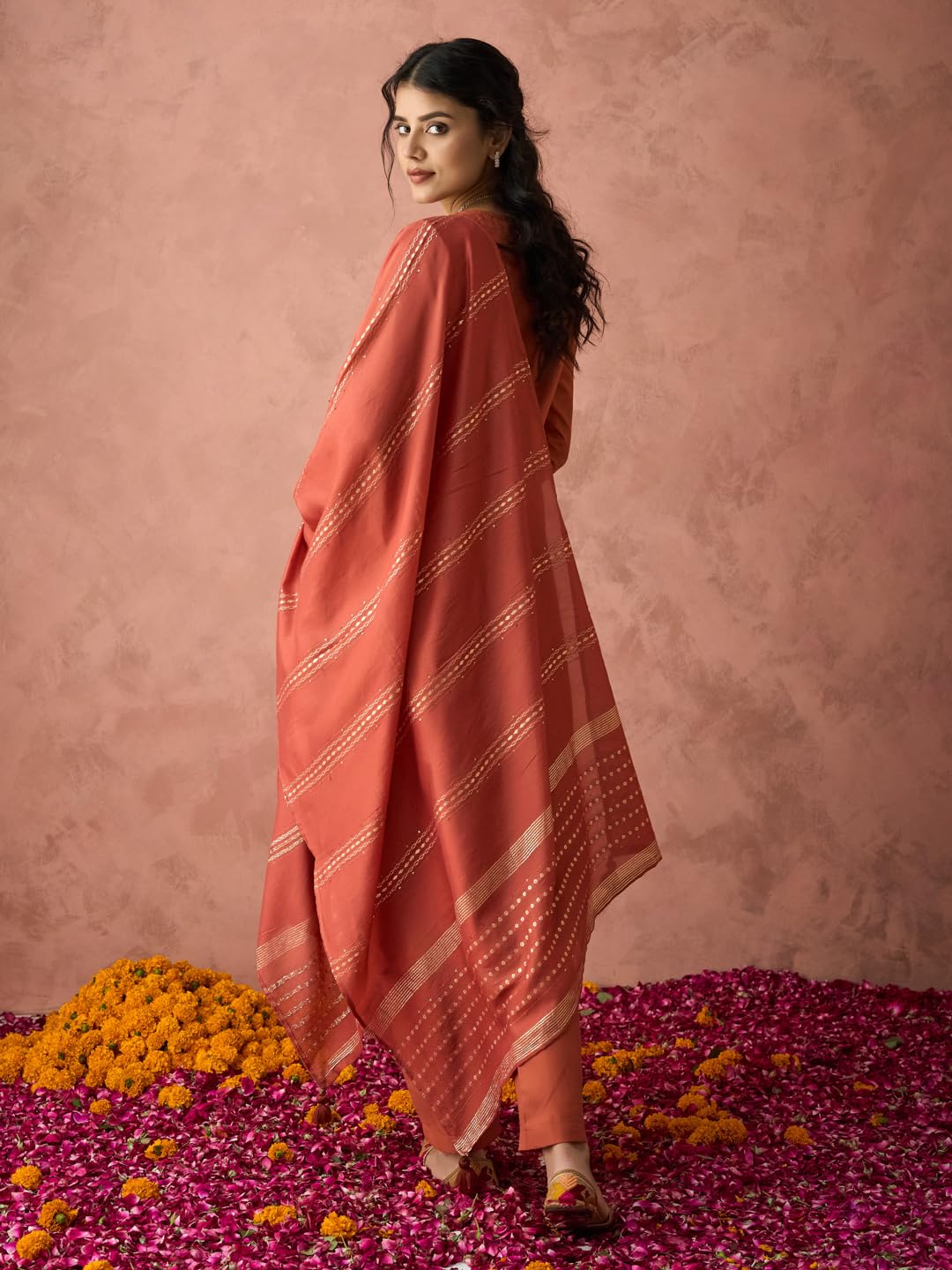 Hritika Rust Cotton Blend Embroidered Round Neck Kurta with Pant and Dupatta_HRKBD0220RUST_L