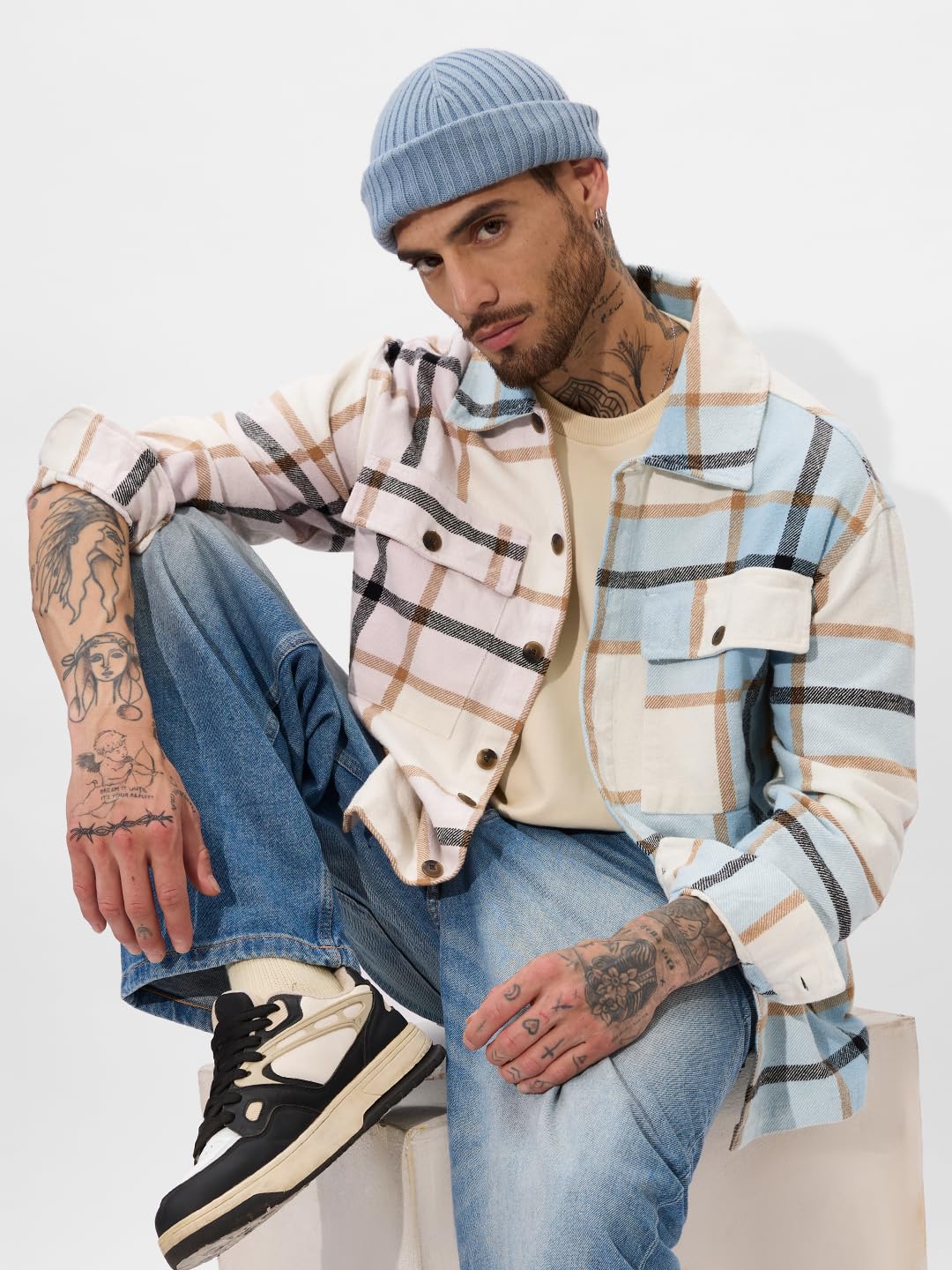 The Souled Store Blushing Skies Men and Boys Long Sleeve Collared Neck Button Front Cotton Oversized Fit Flannel Shackets