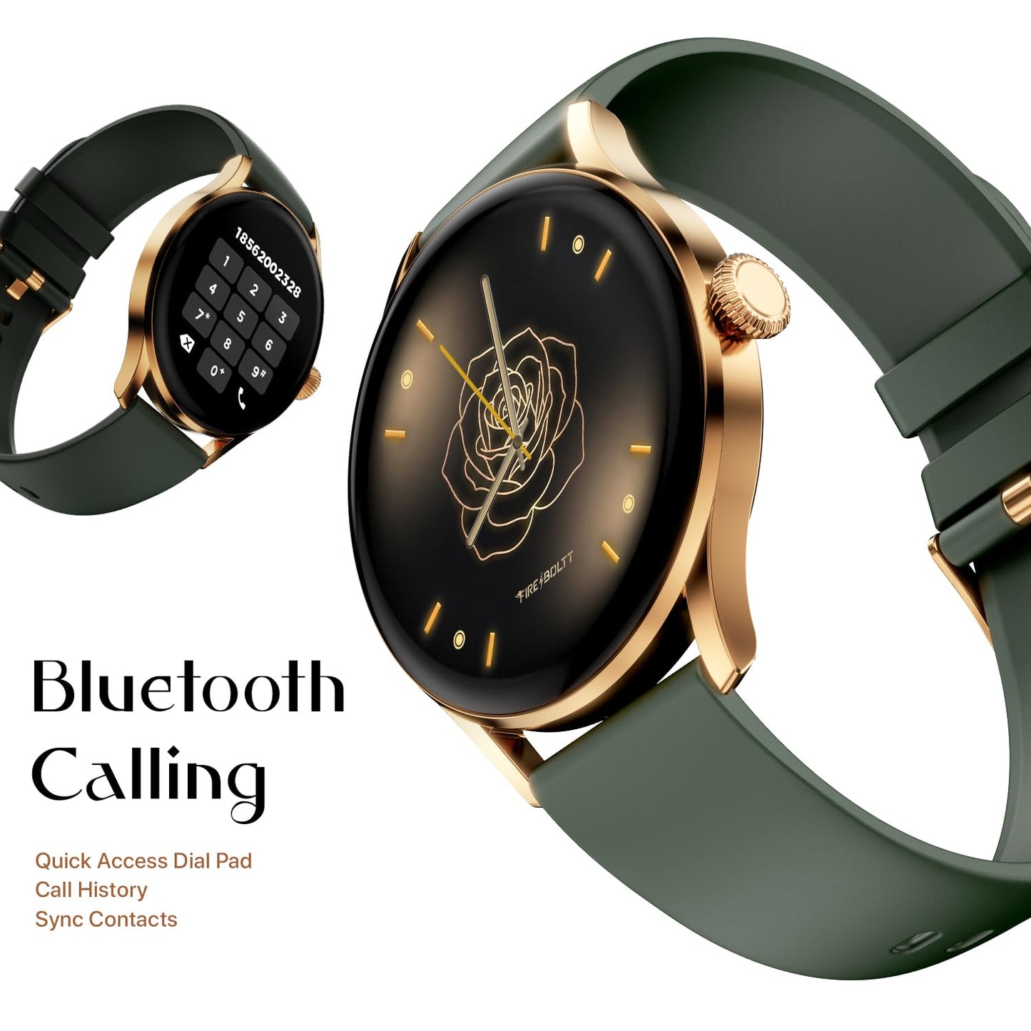 Fire-Boltt Glitz Women Smart Watch with 1.19” AMOLED Display, Bluetooth Calling, Rotating Crown, Always On Display, 1000 Nits Brightness, IP68 Waterproof Soft Olive
