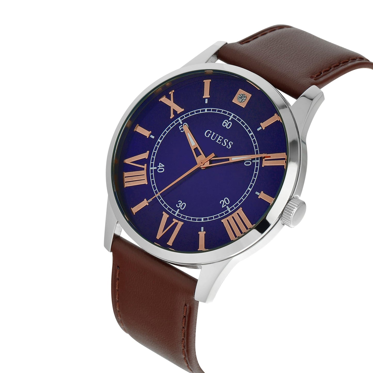 GUESS Leather Men 43 Mm Blue Dial Analog Watch- U1411G1M, Band_Brown