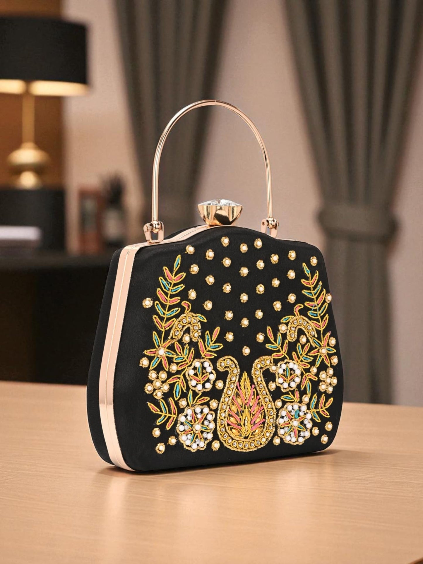 TOOBA Handicraft Beautiful Bling Box Clutch Bag Purse for Bridal, Wedding Bag for Women & Girls Black