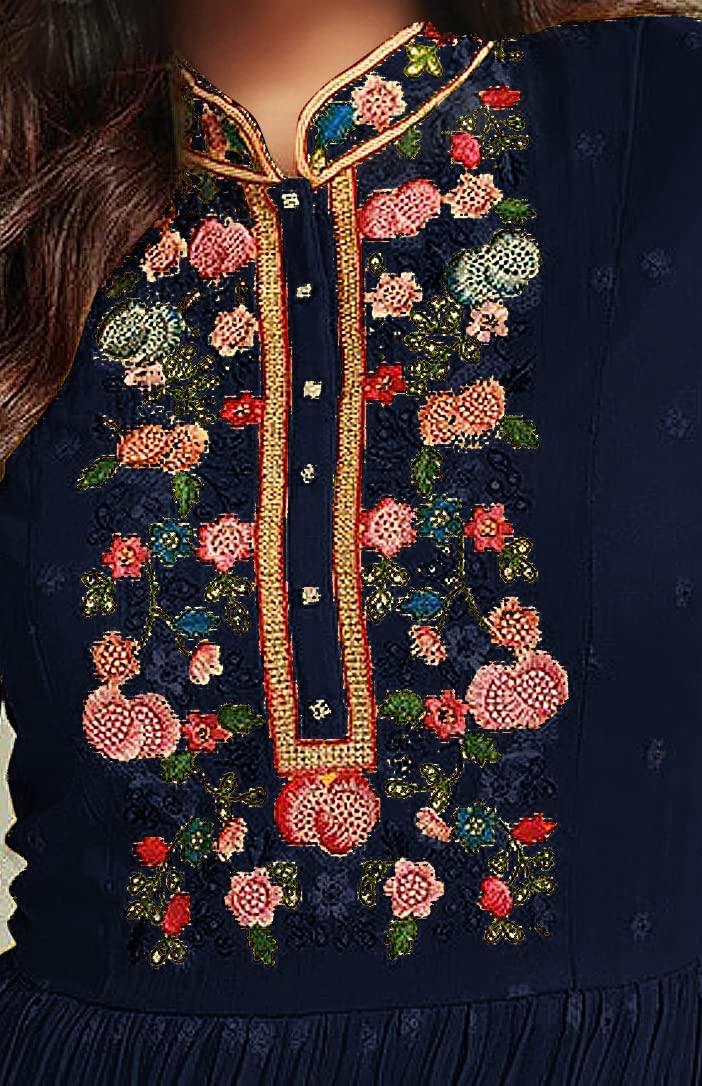 RUDRAPRAYAG Anarkali Georgette and Santoon Gown for Women | Semi Stitched Long Anarkali Gown for Women 2024 Navy Blue
