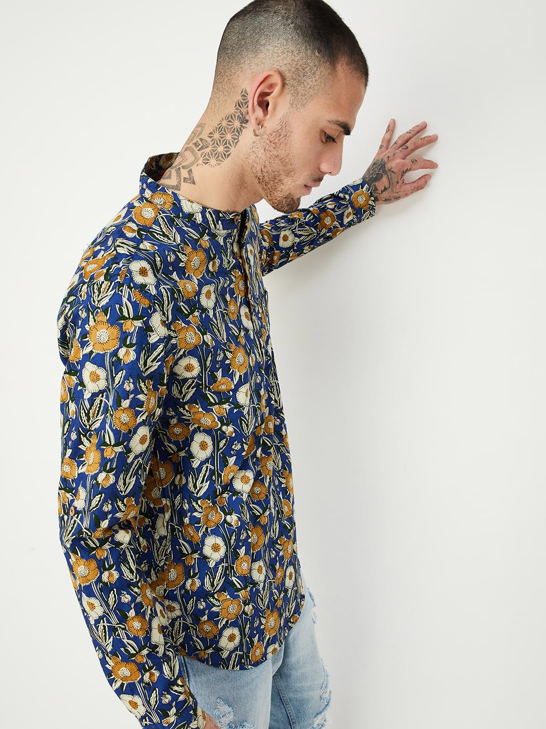 Men Printed Short Kurta, Blue, L