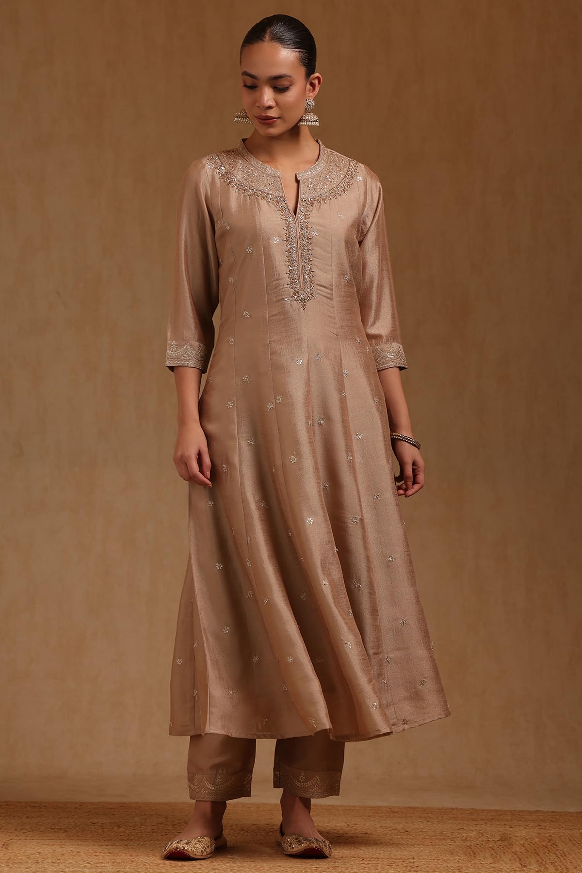 Soch Womens Beige Vichitra Zari Embroidered Salwar Suit With Sequins