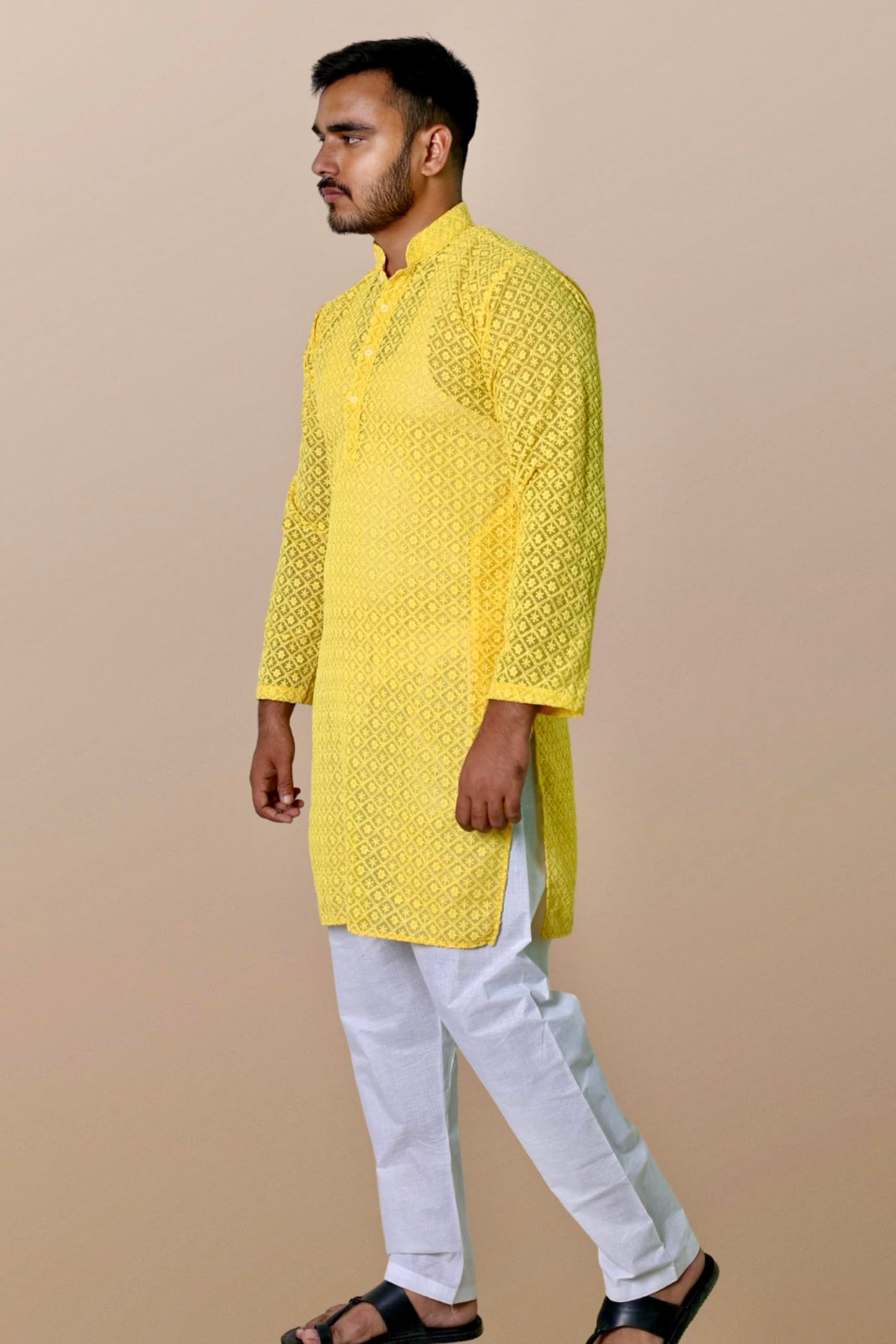 KASANI Men's Chikan Embroidery Kurta Georgette Long, Mandarin Collar, Full Sleeves, Knee-Length, Ethnic Wear Kurta for Men Dark Yellow