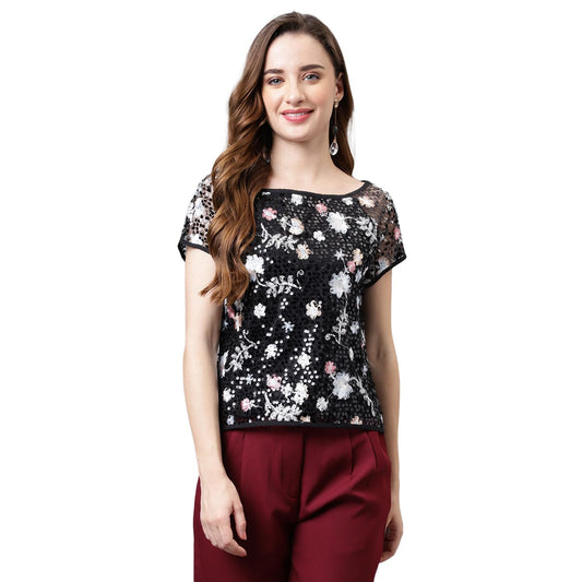 Latin Quarters Women's Black Cap Sleeve Solid Blouse_L